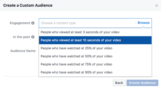 Selecting custom audience engagement rates in Facebook Ads Manager.