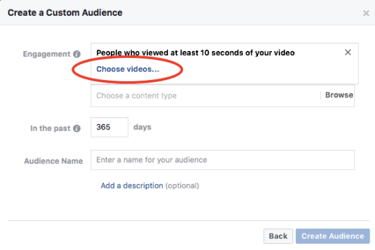 Creating a custom audience based off content engagement in Facebook Ads Manager.
