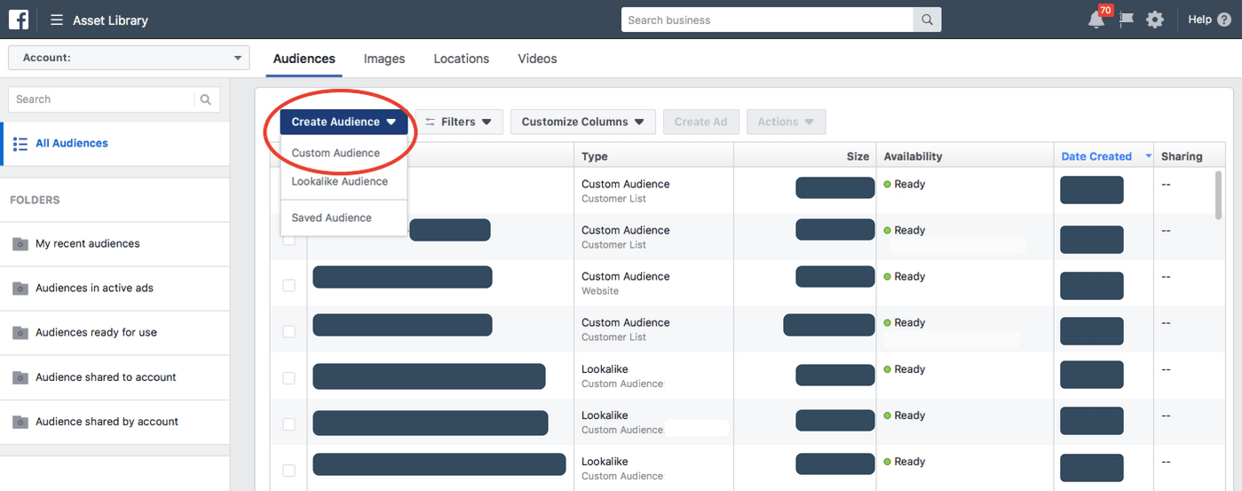 Creating a custom audience in Facebook Ads Manager.
