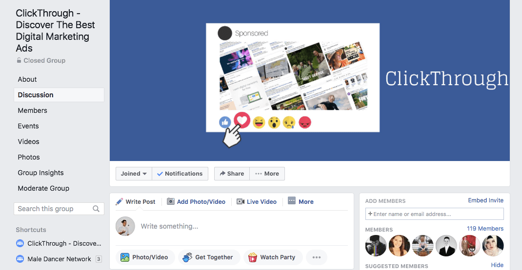 Facebook group for ClickThrough, the community-based platform for showcasing Digital Marketing ads.