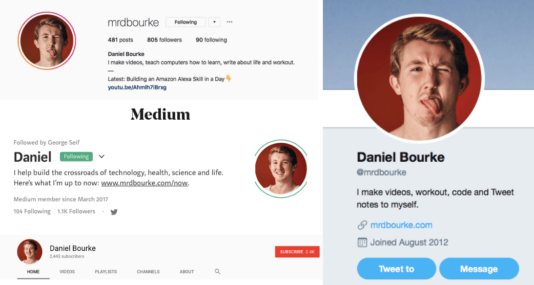 Screenshots of @mrdbourke social profiles.