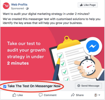 A Facebook ad with a Messenger CTA button.
