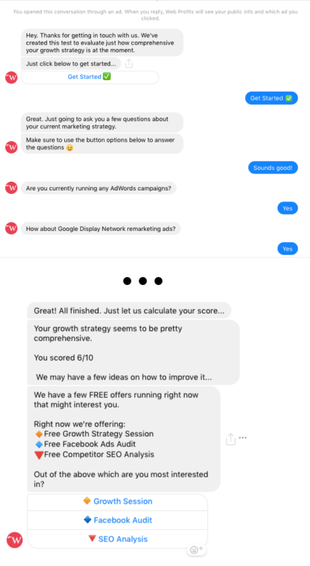 Screenshot of a Messenger ChatBot workflow designed to conduct an SEO audit.