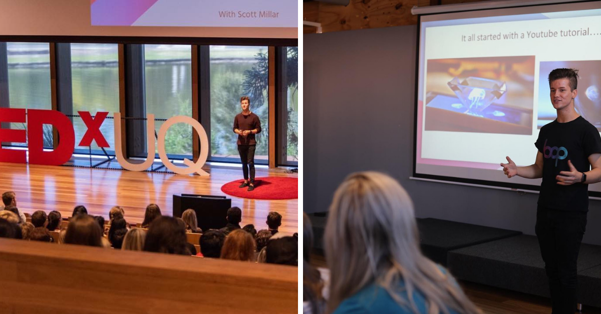 Scott Millar pitching BOP Industries at the Brisbane TEDx and UQ seminar.