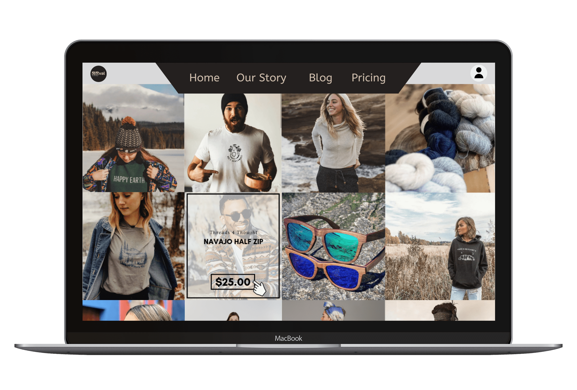 UI prototype of Cloval, the online ecommerce store for socially conscious clothing brands.