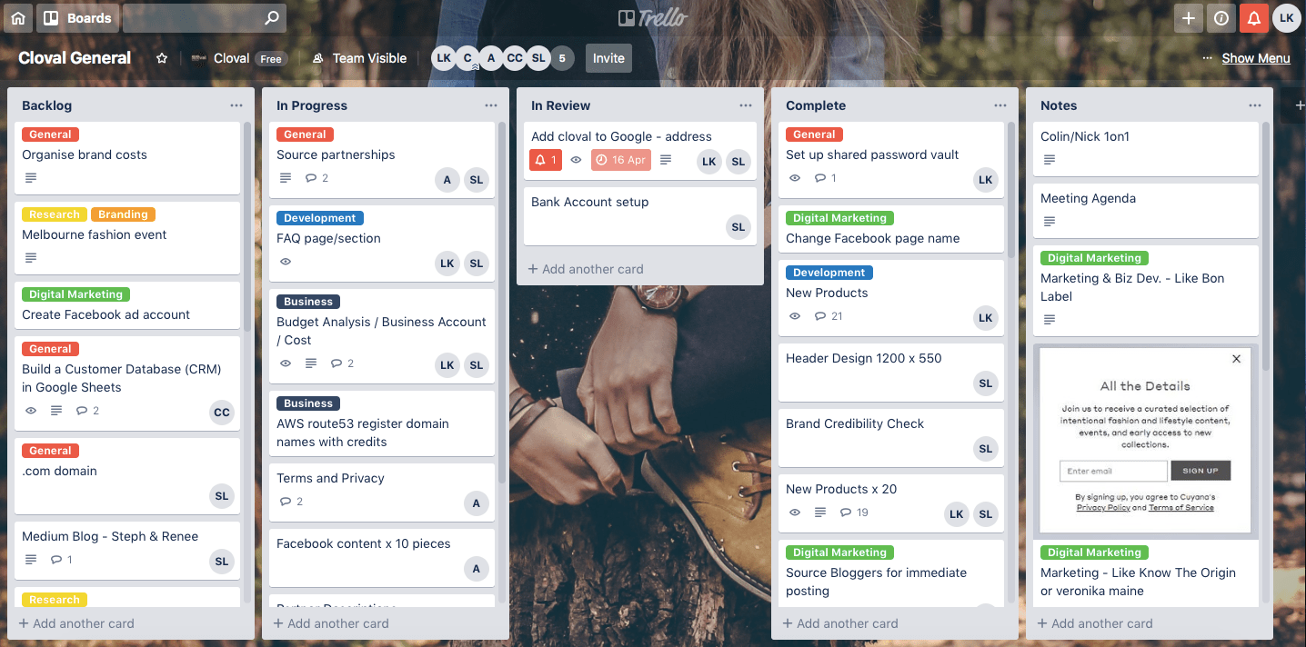 Trello project management board for Brisbane-based startup, Cloval.