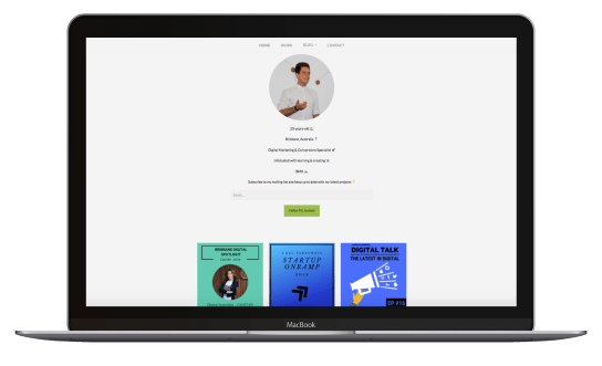 Lachlan Kirkwood's digital marketing blog UI displayed in a MacBook Air.