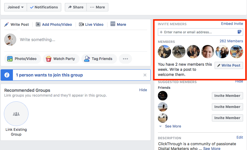 Facebook group member invite feature.