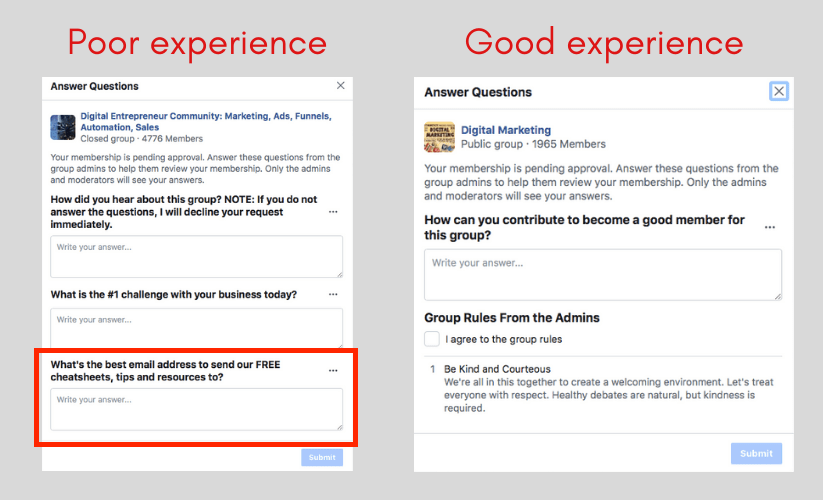 Facebook group questions for community members.