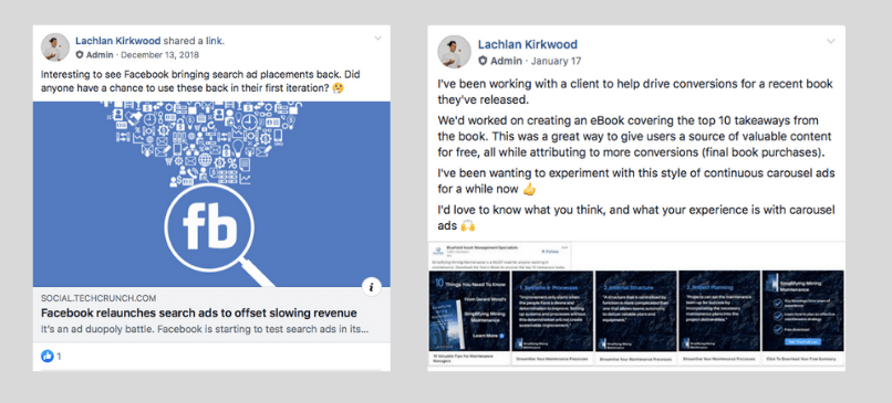 Lachlan Kirkwood publishing content in the ClickThrough digital marketing Facebook group.