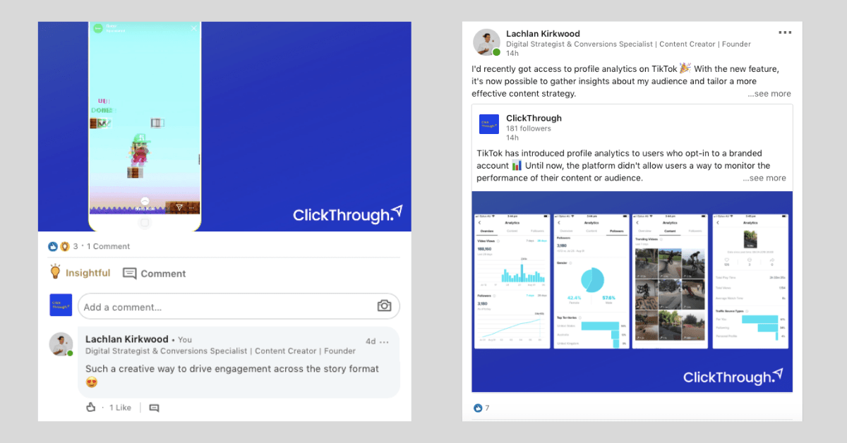 Lachlan Kirkwood LinkedIn posts on the ClickThrough brand page.