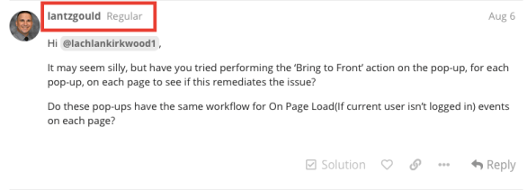 Community badges for contributors on the Bubble.io forum.
