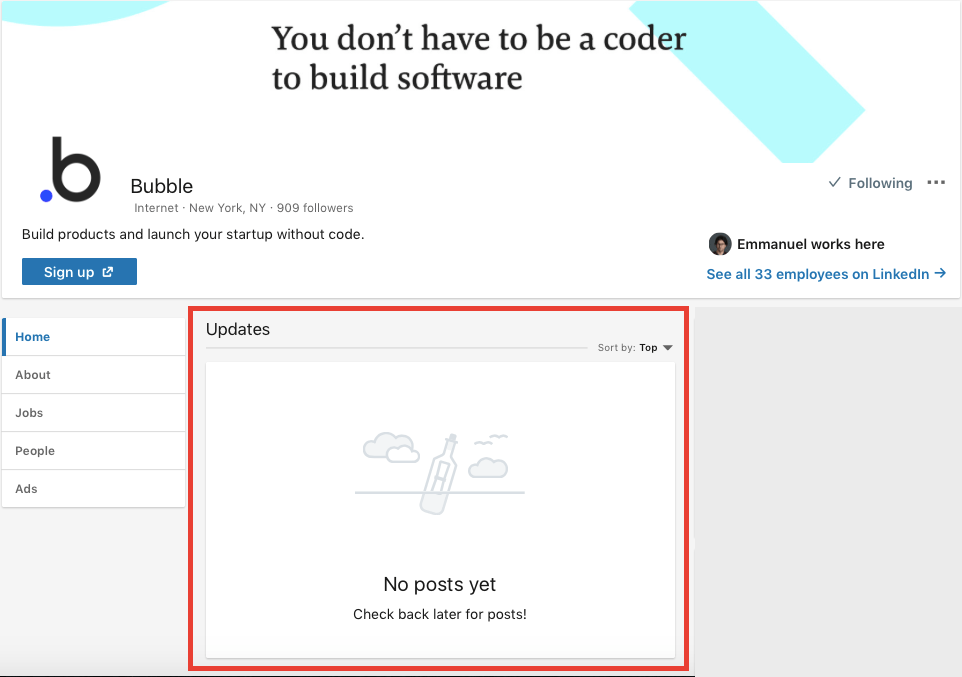 Bubble.io LinkedIn page with no engagement.