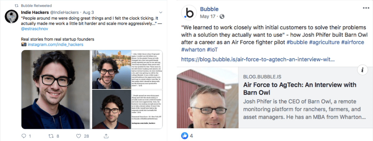 Bubble.io social media posts.