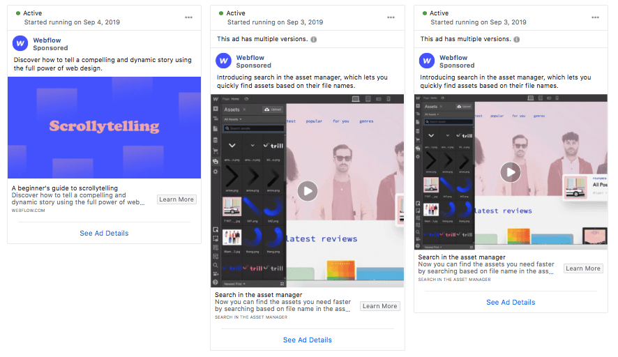 Webflow engaging Facebook & Instagram ads.