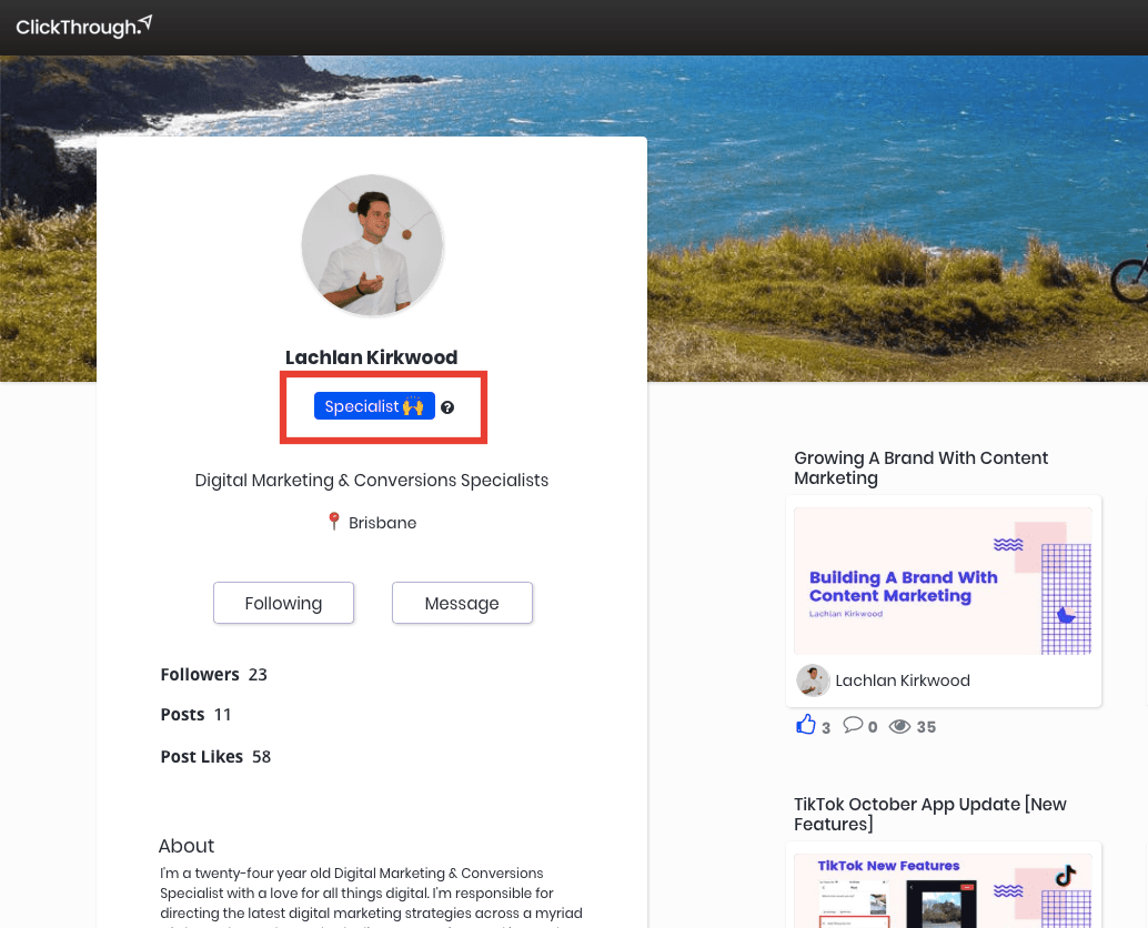ClickThrough user profile with a featured profile ranking.